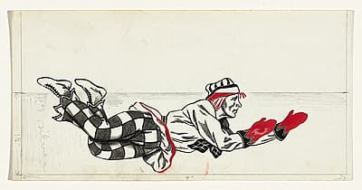Adrian FEINT | not titled [man in clown-like costume and red mittens in ballet 'Petrouchka].