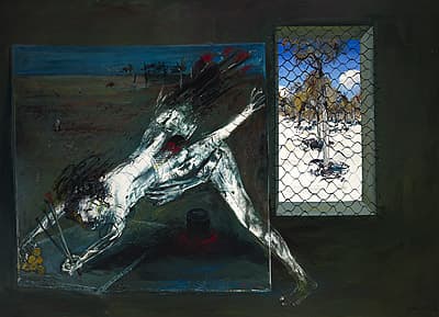 Arthur BOYD | Paintings in the studio: `Figure supporting back legs' and `Interior with black rabbit'