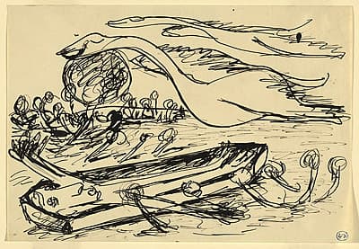 Arthur BOYD | Flying swan over corpse in funeral barge