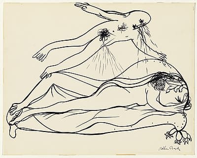 Arthur BOYD | Floating figure spraying prostrate figure: Danae