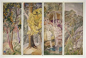 Grace COSSINGTON SMITH | Four panels for a screen: loquat tree, gum and wattle trees, waterfall, picnic in a gully