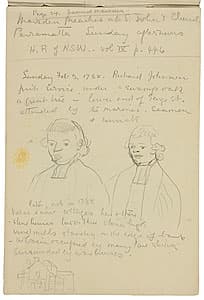 Grace COSSINGTON SMITH | (Two sketches of clergyman for 'Samuel Marsden after service at St John's, Parramatta'; building; notes)