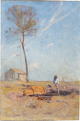 Arthur STREETON | The selector's hut (Whelan on the log)