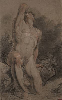 J M W TURNER | Academy study of a kneeling male nude with upraised head and arm in a landscape setting