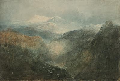 J M W TURNER | Looking down a deep valley towards Snowdon, with an army on the march