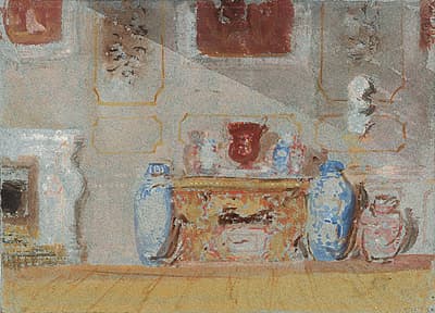 J M W TURNER | Blue and white china jars flanking a gilt console  table: Carvings by Grinling Gibbons