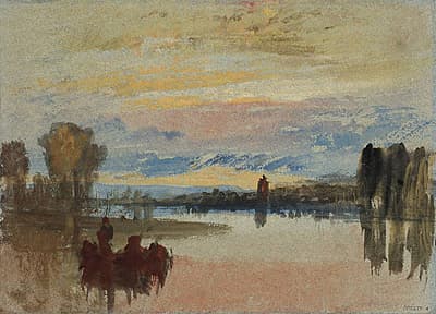 J M W TURNER | Evening: A boat on a river with a distant tower