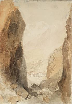 J M W TURNER | Looking down the gorge at Pre St Didier: The church of Pre St Didier in the centre distance; the old bath house in the foreground lower right