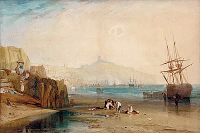 J M W TURNER | Scarborough town and castle: Morning: Boys catching crabs