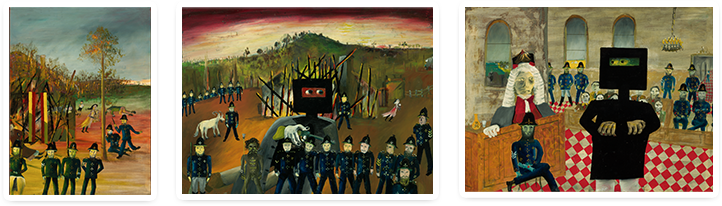 Three Sidney Nolan paintings, depicting escapades from his time as a bushranger