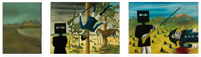 Three Sidney Nolan paintings, one of a landscape and two of his altercations with police officers