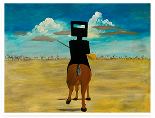 Painting of Ned Kelly atop his horse in the outback